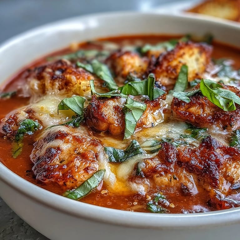 Spoon lifting Grilled Chicken Parmesan Soup, showing tender grilled chicken and fresh basil garnish.
