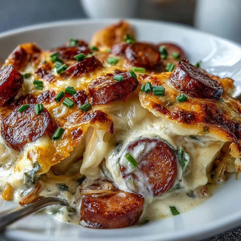 Hearty slices of smoky kielbasa layered with pillowy pierogi in a creamy Crockpot Pierogi Casserole With Kielbasa.