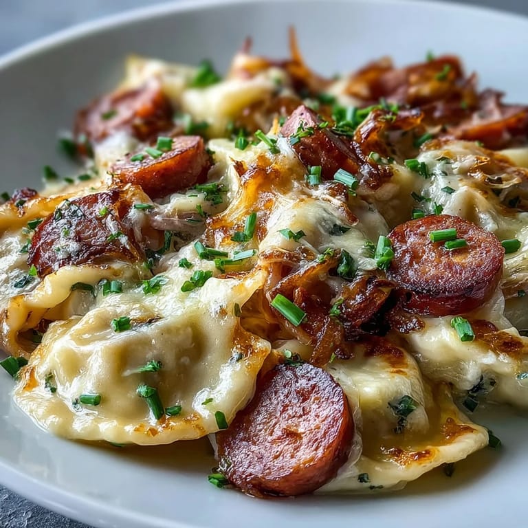 Bubbling hot Crockpot Pierogi Casserole With Kielbasa served onto a plate, paired with a tangy dollop of sour cream.