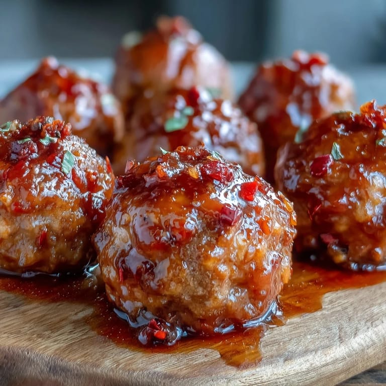 A platter of Slow Cooker Peach Glazed Meatballs with toothpicks, chili sauce, and chopped scallions.