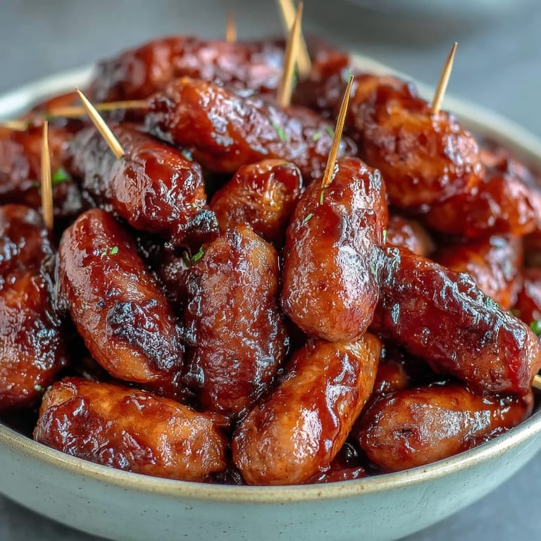 Tender mini smoked sausages slow-cooked in tangy barbecue sauce, bubbling appetizer ready for a party spread or family gathering.