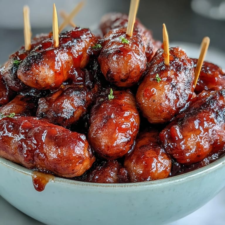 Golden Crock Pot BBQ Cocktail Sausages piled high with glossy sauce, perfect alongside pickles and crusty bread on a buffet.