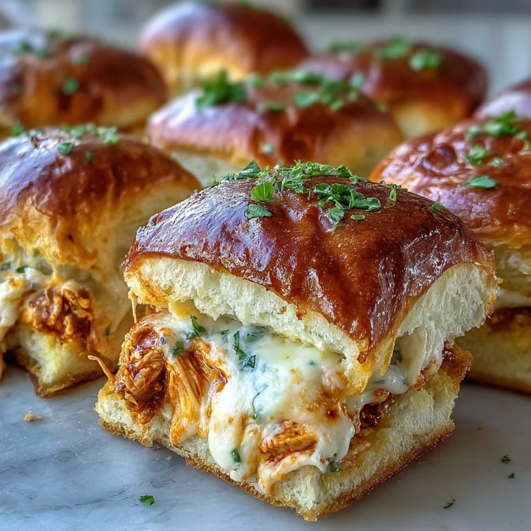 Oven-baked Pizza Dip Sliders featuring bubbly cheddar and mozzarella over creamy Buffalo chicken inside soft rolls.