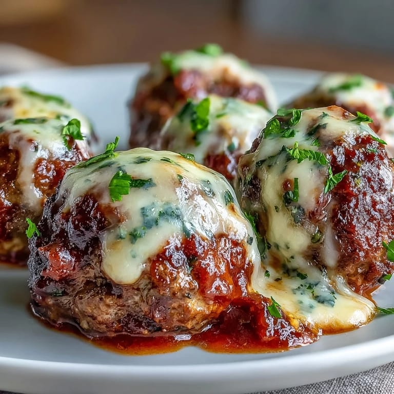 Appetizing Cheesy, Garlicky Meatballs With Marinara plated with melted mozzarella and a side of garlic bread.