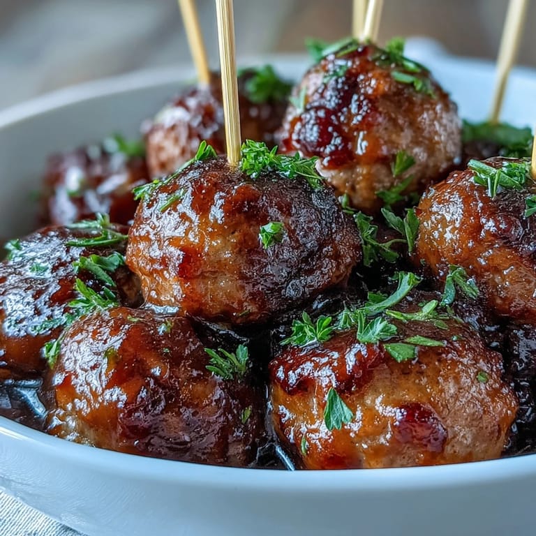 Tender beef meatballs in a sweet and tangy sauce, perfect for a party appetizer served on a wooden platter.