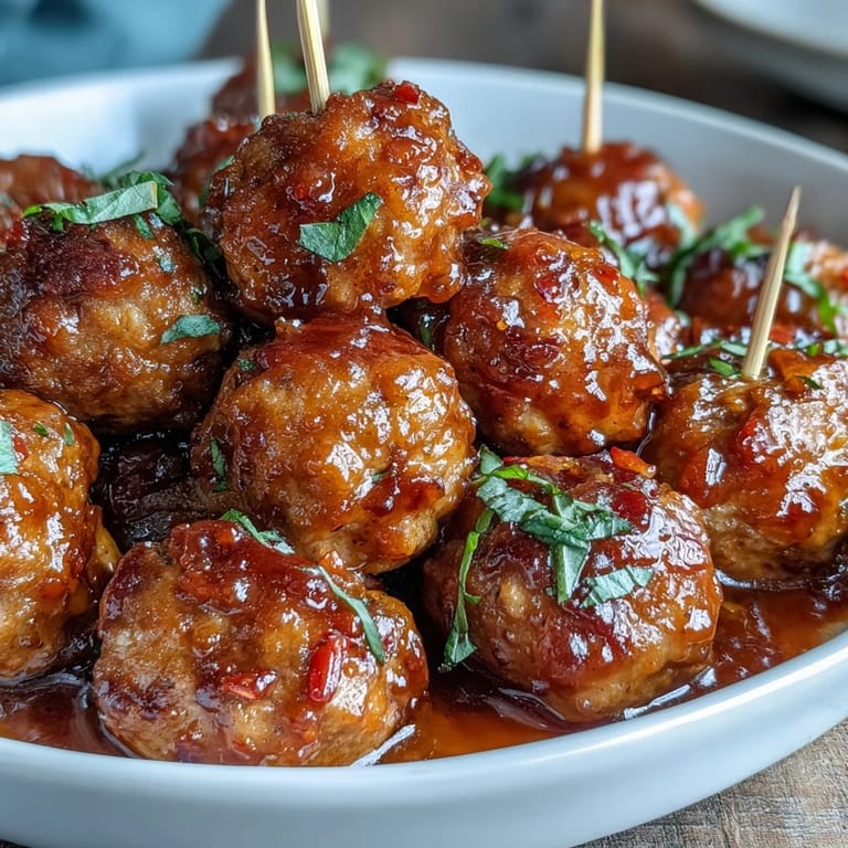 A close-up of glazed Easy Sweet and Sour Crock Pot Meatballs, garnished with sesame seeds and fresh green onions.