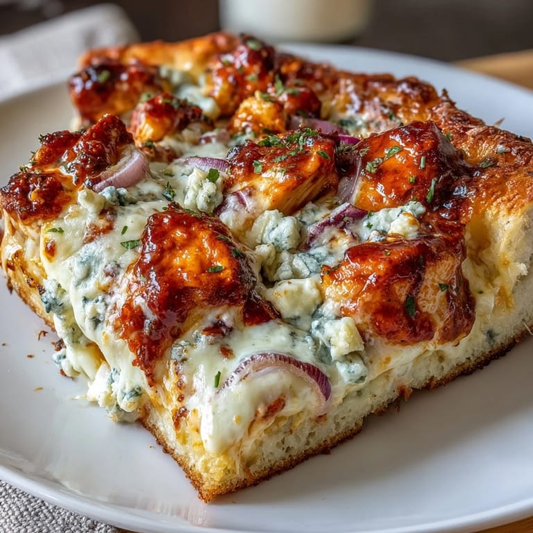 A close-up slice of Buffalo Chicken Pizza revealing gooey cheese, buffalo chicken, and creamy ranch drizzle, served with celery sticks.