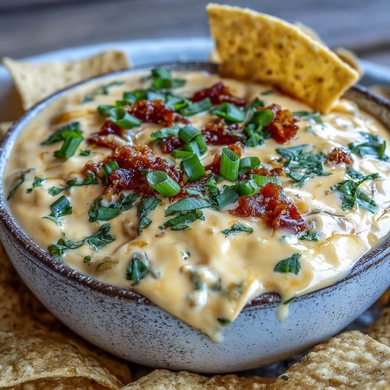 Warm, spicy Queso Dip bubbling in a slow cooker, ready for Super Bowl game day snacking.