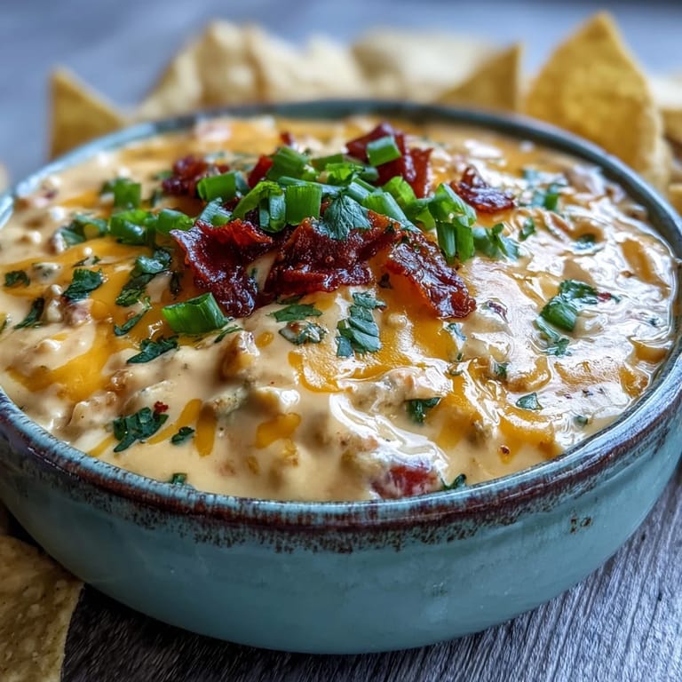 Rich, cheesy Queso Dip served with crispy tortilla chips and fresh jalapeños on a rustic table.