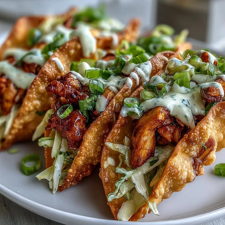 Close-up of a hand holding a crispy wonton taco stuffed with smoky chicken, red cabbage slaw, and fresh green onions.