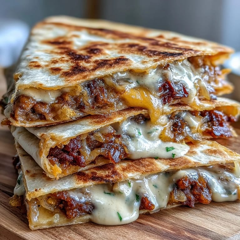 Steam rises from a warm Cheesy Griddled Smashburger Quesadilla on a wooden board, ready for dinner with sour cream and fresh cilantro on the side.