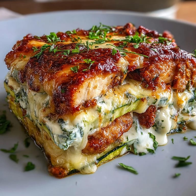 A close view of a baked High Protein Chicken Zucchini Casserole served warm, garnished with fresh parsley for dinner.