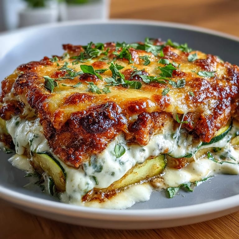 Slices of a high-protein chicken zucchini bake with melted mozzarella and Parmesan, perfect for low-carb meal prep.