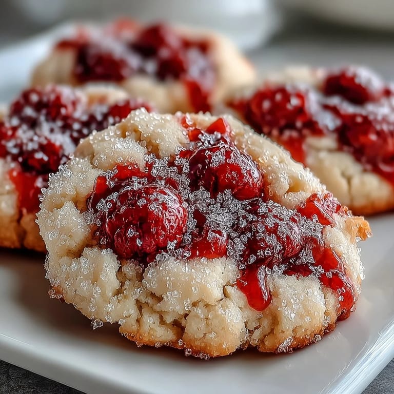 Golden Soft Chewy Raspberry Sugar Cookies studded with fresh raspberries on a rustic wooden serving board.