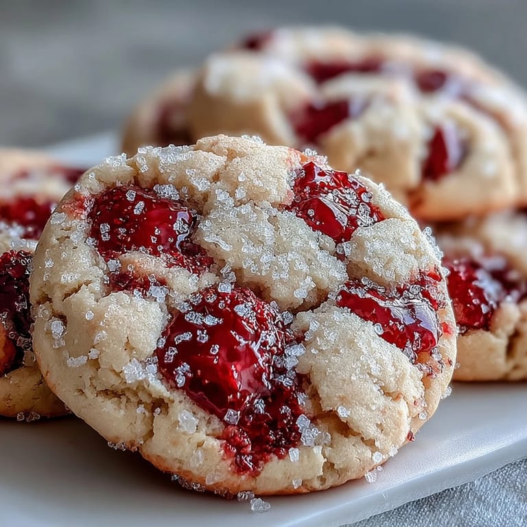 A close-up of Soft Chewy Raspberry Sugar Cookies with a sparkly crust, revealing tender crumb and berry pieces.