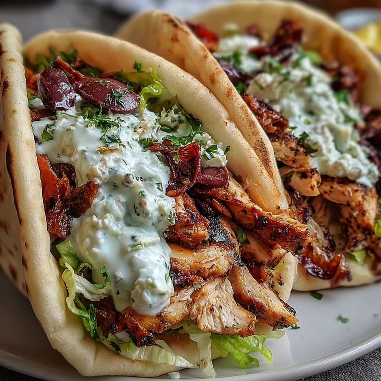 Fresh Mediterranean Chicken Gyros topped with cool tzatziki, crisp lettuce, tomatoes, and Kalamata olives.