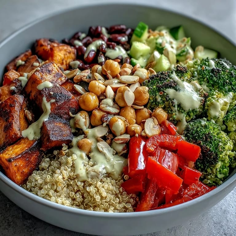 Overhead view of a glass container holding the Meal Prep Week-Long Power Bowl, perfect for grab-and-go healthy lunches all week.