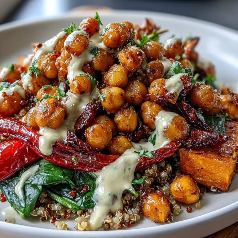 Roasted Chickpea Power Bowl featuring golden chickpeas, roasted sweet potato and bell pepper, on a bed of greens with avocado.