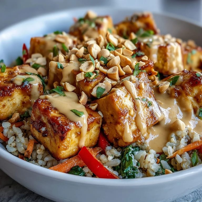 A satisfying Peanut Tofu Power Bowl topped with edamame, shredded cabbage, and chopped peanuts, ready to be enjoyed.  