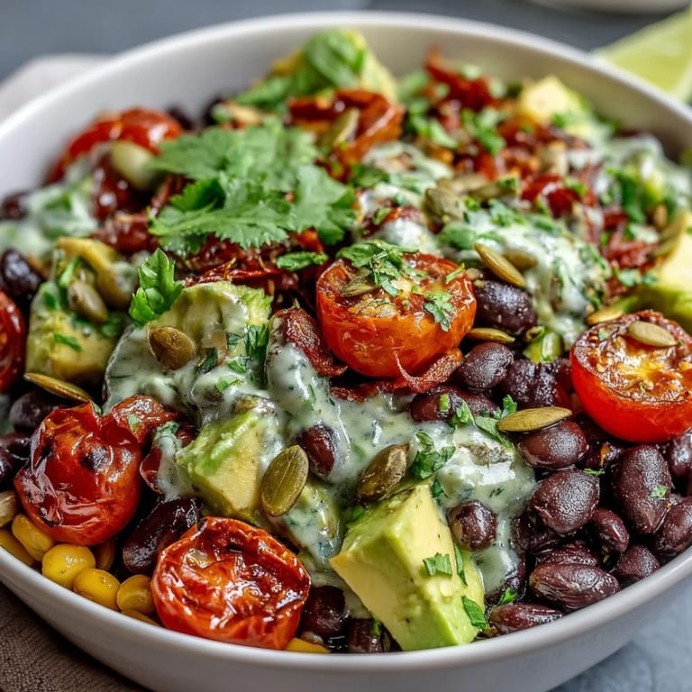 This colorful Black Bean and Veggie Bowl showcases ripe avocado, corn, and black beans, perfect for a quick, healthy lunch.