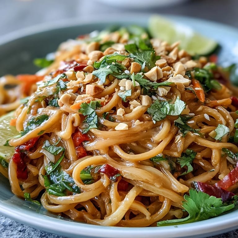 Asian Peanut Noodle Bowl featuring colorful carrots, cabbage, and peppers tossed in a savory-sweet peanut sauce, garnished with fresh cilantro.  