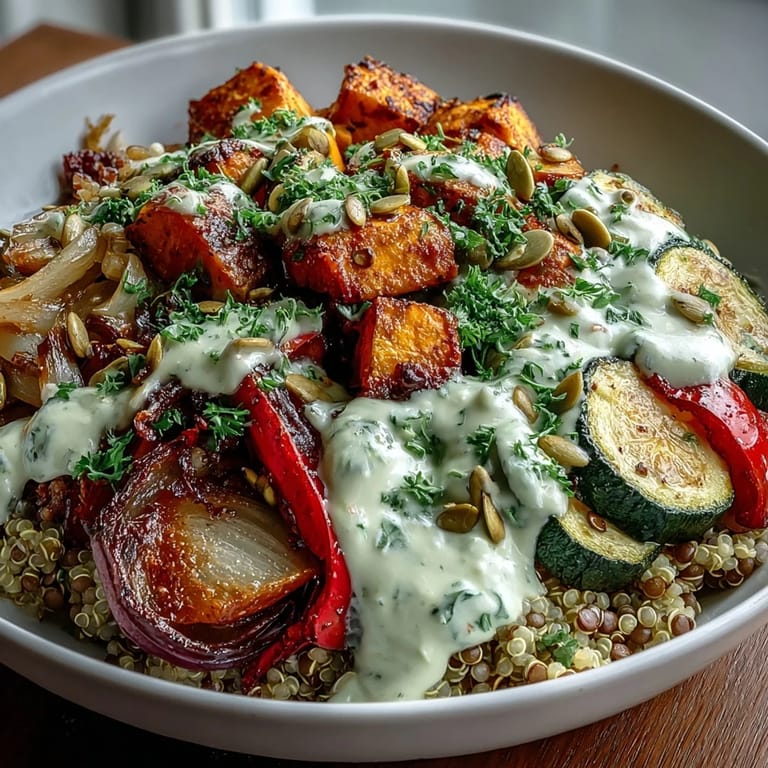Close-up of a warm Lentil Power Bowl, showcasing colorful roasted sweet potatoes and bell peppers over grains with parsley and pumpkin seeds.  