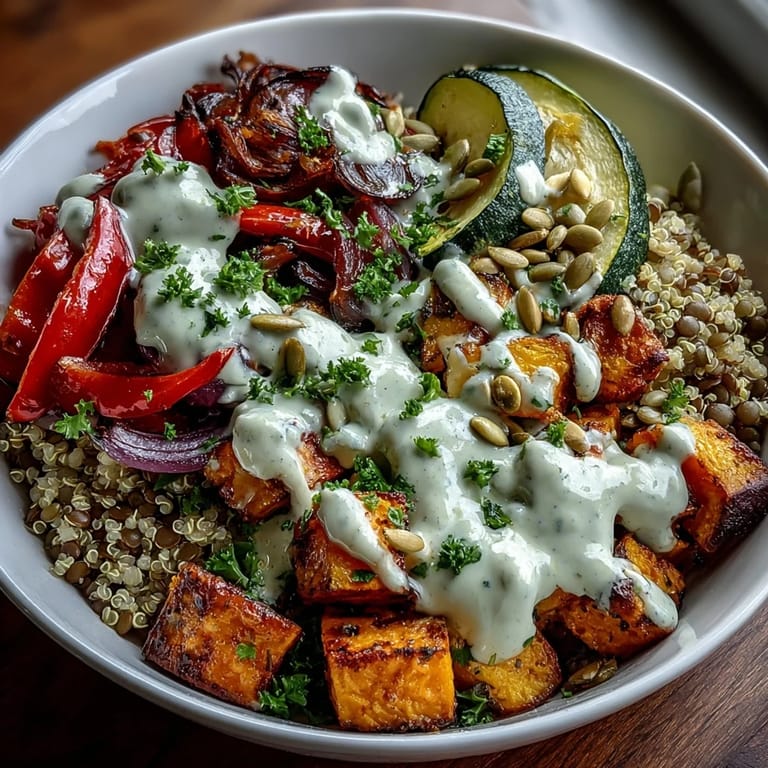 Healthy Lentil Power Bowl for dinner, featuring hearty grains, plant-based lentils, and savory roasted veggies topped with lemony tahini sauce.