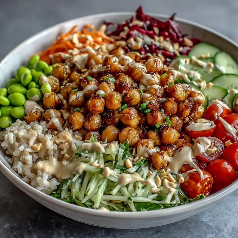 Colorful, nourishing Peanut Chickpea Protein Bowl with edamame and tomatoes, ready to serve with chopsticks.