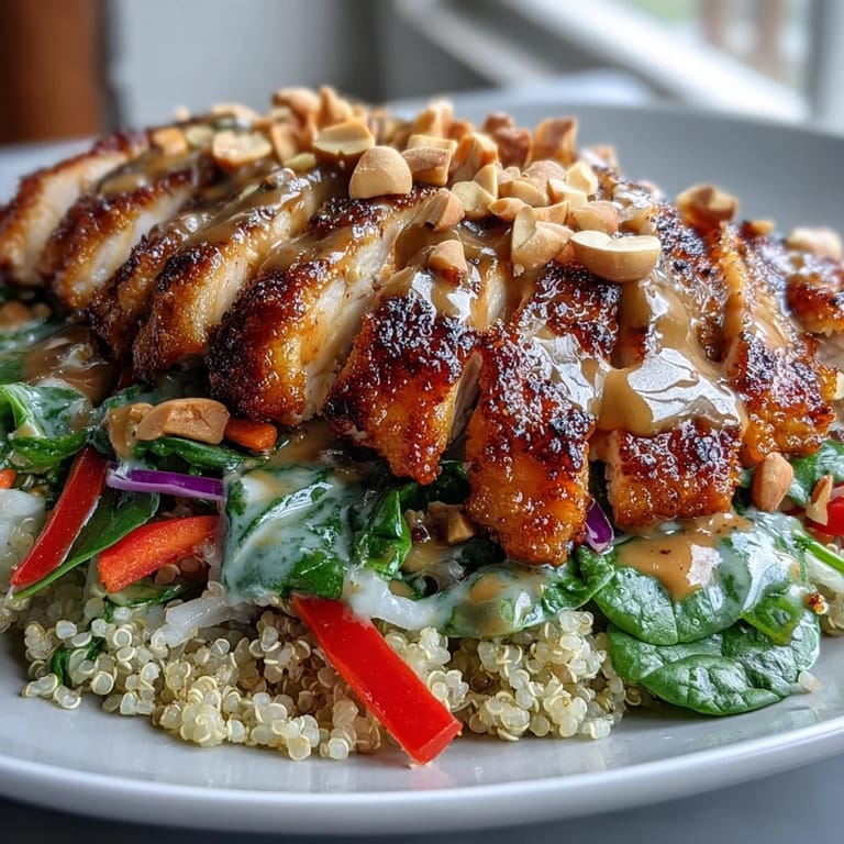 Golden baked chicken slices rest on brown rice and vibrant shredded purple cabbage in a bowl, drizzled with nutty peanut sauce for a satisfying meal.
