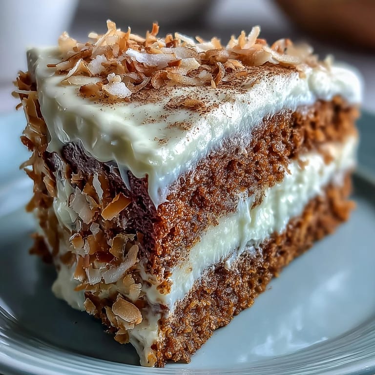 The whole Vegan Hojicha Latte Cake rests on a wooden board, garnished with toasted coconut flakes and ready to be sliced for serving.