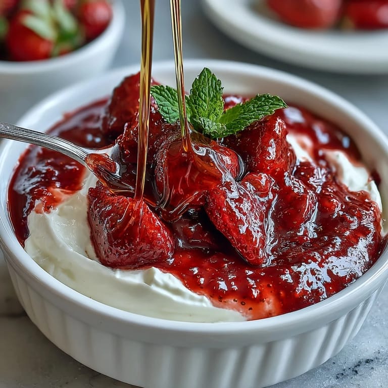 Creamy Greek yogurt topped with warm strawberry compote, offering a balance of tart and sweet flavors.  