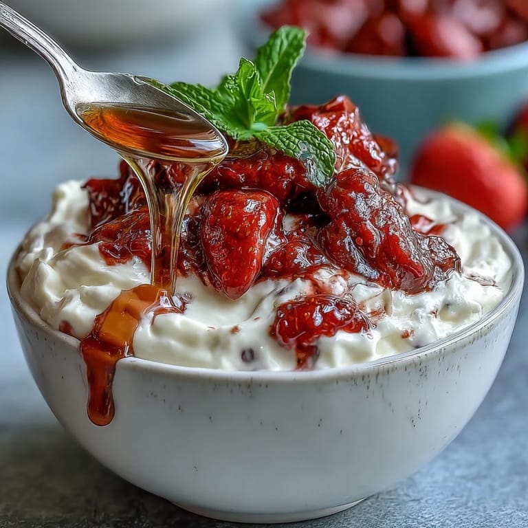 Fresh strawberry compote spooned onto thick Greek yogurt, creating a vibrant and refreshing dessert.
