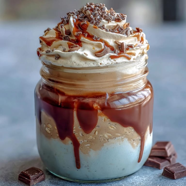 Rich, coffee-infused Vanilla Bean Frappuccino Overnight Oats Jar layered with sweetened espresso, Greek yogurt, and vanilla bean for a chilled, energizing start.