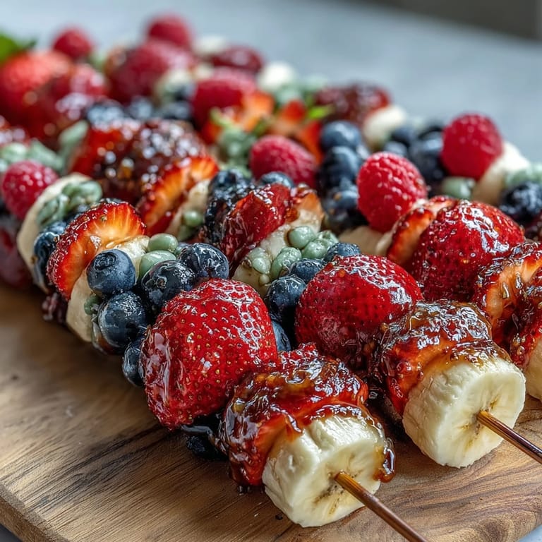 Festive Fourth of July fruit kabobs featuring strawberries, banana slices, and fresh blueberries for summer celebrations.