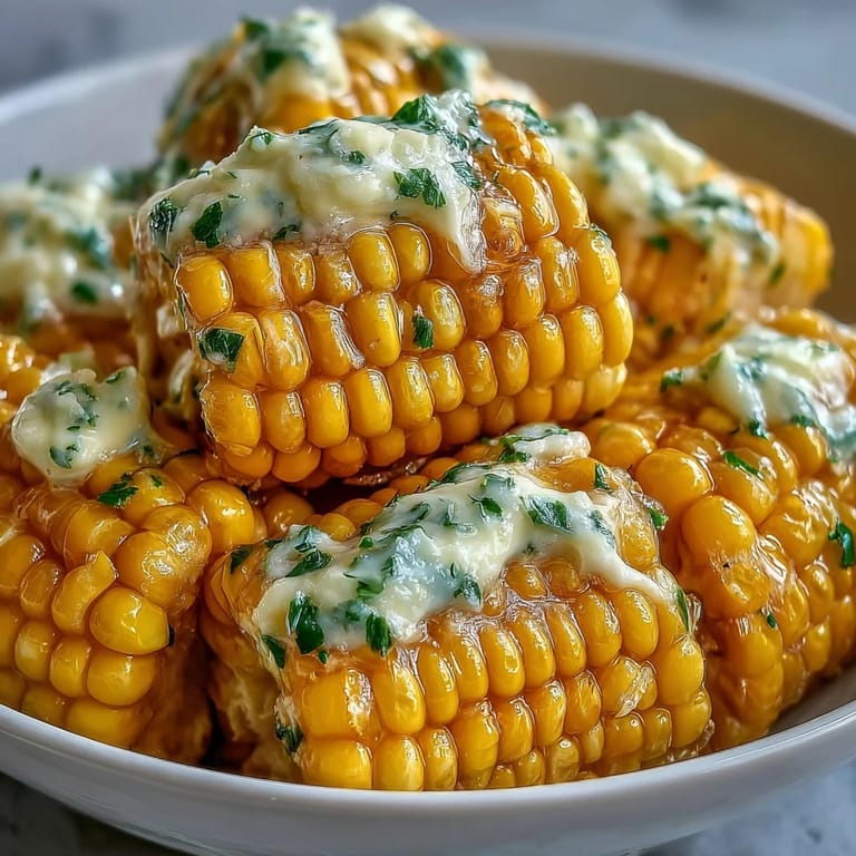 Tender microwave corn on the cob coated in rich garlic butter, garnished with fresh parsley and a squeeze of lemon.
