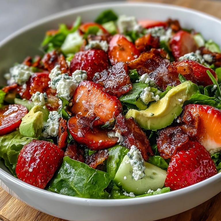 A colorful Spring Cobb Salad with Strawberries and Avocado, featuring ripe avocado, sweet strawberries, and tangy feta atop a bed of fresh greens.