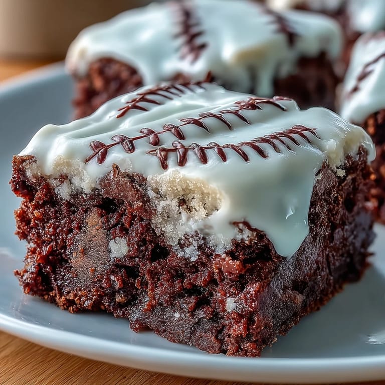 Plate of chocolate brownie bites decorated with curved white icing to mimic baseball stitching, perfect for game day celebrations.