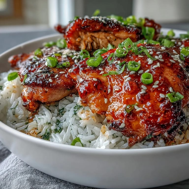 2. Slow-cooked honey garlic chicken thighs drizzled with rich sauce, garnished with green onions and sesame seeds atop a bed of steaming rice.  