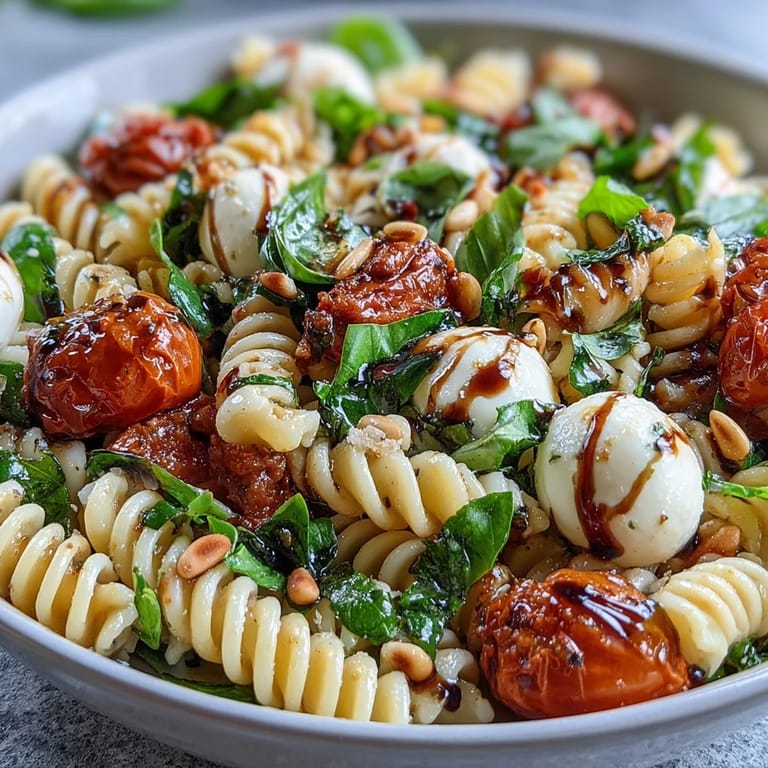 Juicy cherry tomatoes, creamy mozzarella, and fragrant basil tossed with al dente pasta in a light balsamic drizzle.