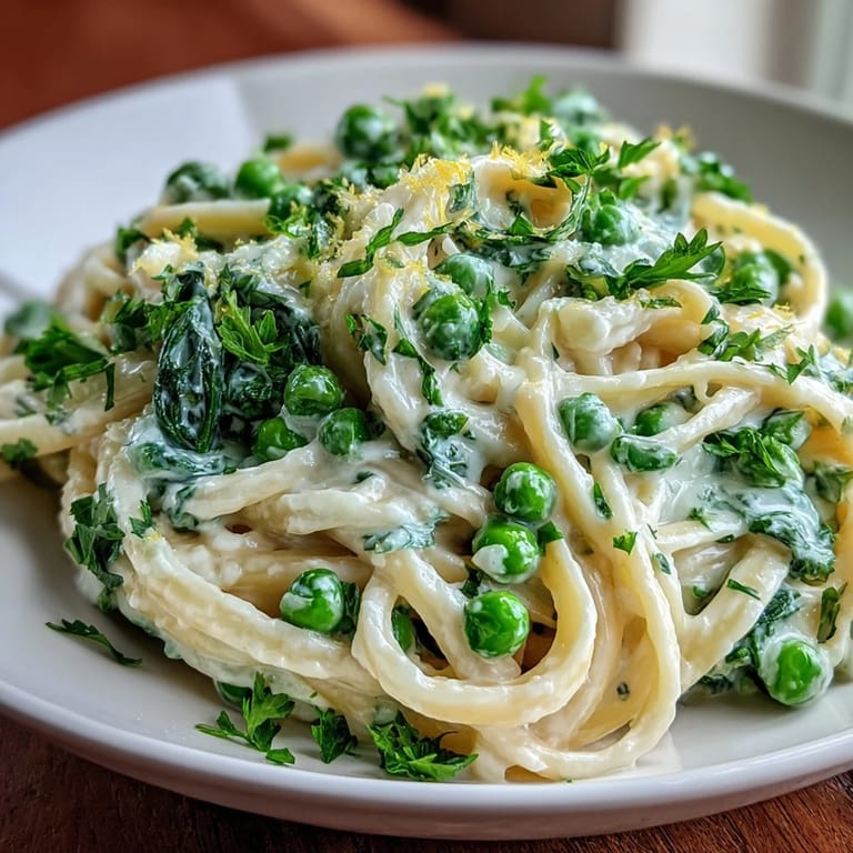 Spring pasta featuring tender linguine tossed with lemon ricotta sauce, sweet peas, and garlic for a light vegetarian meal.