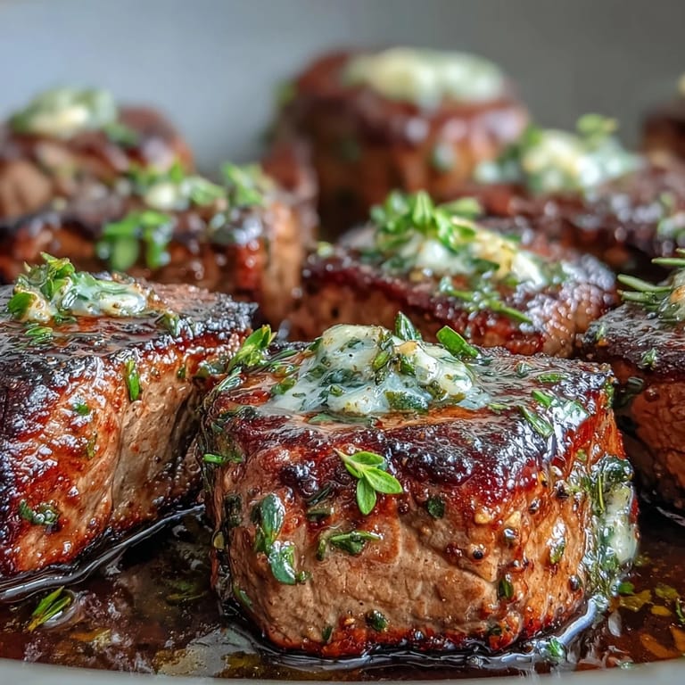 Tender steak bites with aromatic garlic and herbs, served hot from the pan with lemon wedges.