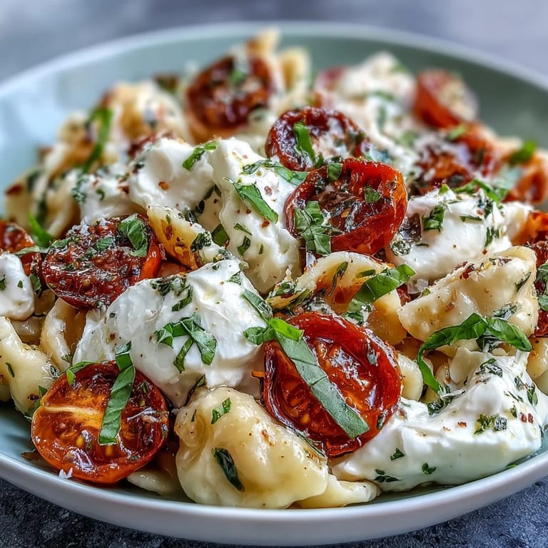Golden pasta twirls with cherry tomatoes, silky burrata, and aromatic basil leaves, perfect for a quick vegetarian dinner.