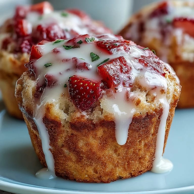 Fresh strawberry lemon muffins with lemon glaze: tender crumb bursting with juicy fruit and zesty lemon, topped with a glossy sweet-tart drizzle.
