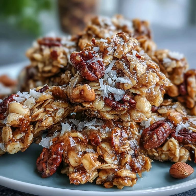 Thick, golden-brown granola clusters packed with oats, nuts, and coconut, offering a crunchy, wholesome treat for any time of day.