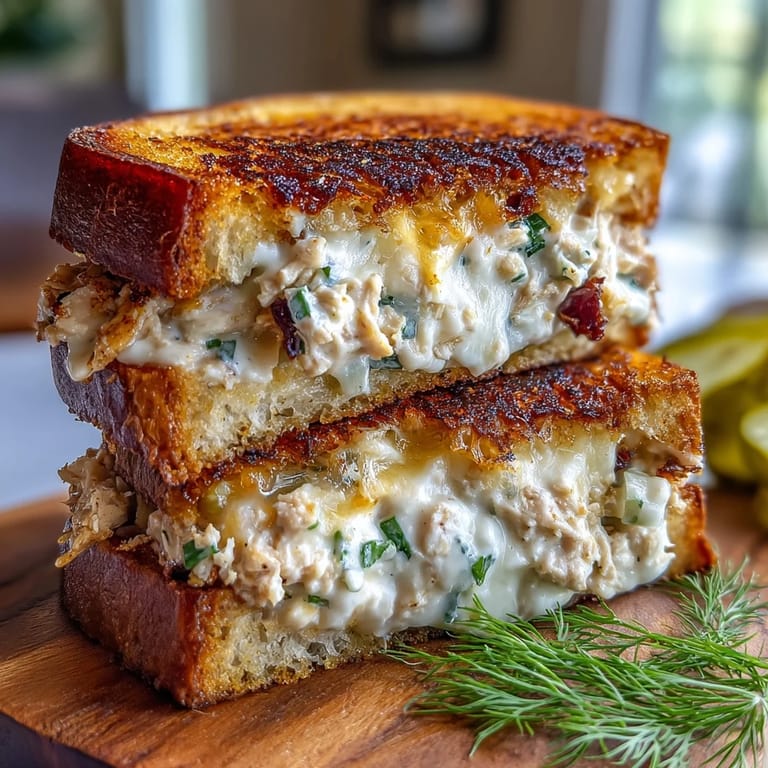Savory tuna melt featuring crisp pickles, rich melted cheese, and perfectly toasted sourdough.