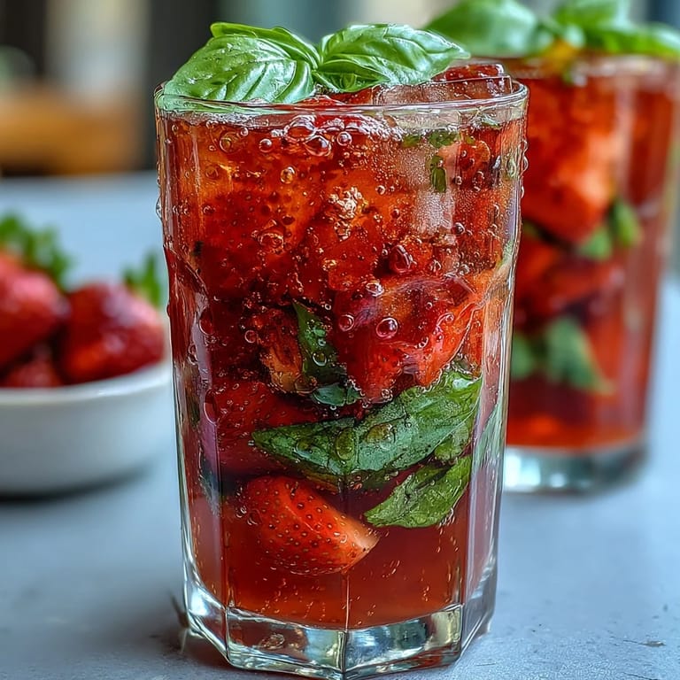 Vibrant non-alcoholic drink featuring sweet strawberries, fragrant basil, and a lemon wedge garnish, perfect for summer sipping.  