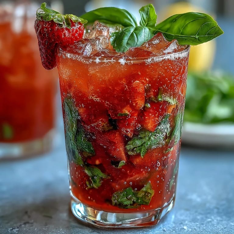 Colorful strawberry basil mocktail with layers of fresh fruit, herbs, and effervescent bubbles, served over ice for a healthy refreshment.
