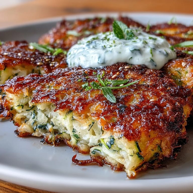 Golden-brown zucchini pancakes packed with creamy feta, paired with a cool, herb-infused yogurt sauce—perfect for snacking or brunch.  