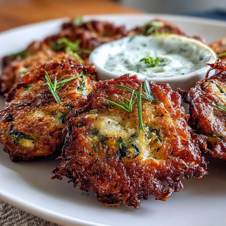 Savory zucchini fritters studded with feta cheese, served warm with a tangy mint yogurt dip for a vegetarian delight.