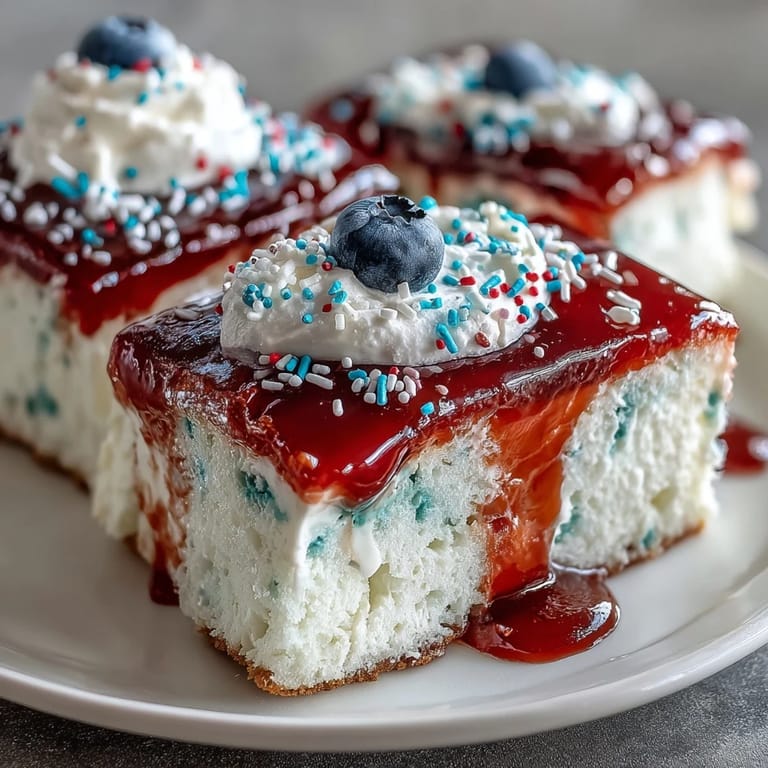 Colorful poke cake featuring red and blue gelatin poured into white cake, finished with fluffy whipped topping and red, white, and blue sprinkles.